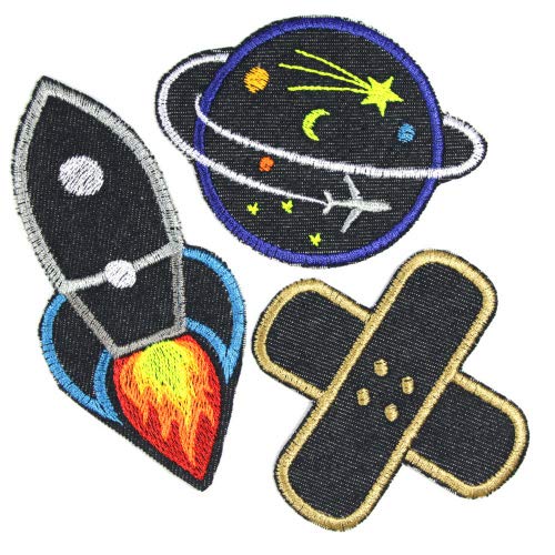 Flickli Rakete Planet Pflaster - universe of patches 3 Flicken zum aufbügeln Bio Jeans teilw. Neonfarben von Wertstueck Flickli