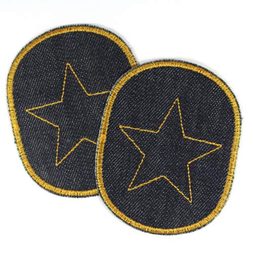 Hosenflicken Set Bio Jeans mit Stern gelb auf dunkelblau 2 Knieflicken 10 x 8 cm Aufbügler für Kinder Flicken zum aufbügeln von Wertstueck Flickli