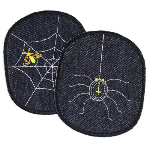 Hosenflicken Spinne XL Flicken zum aufbügeln 12 x 10cm Set Spinnennetz organic Jeans blau Knieflicken große Aufbügler von Wertstueck Flickli