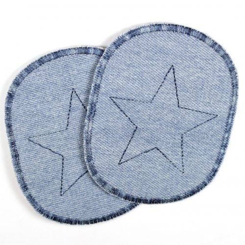 Knieflicken Jeans hellblau Flicken zum aufbügeln blauer Stern 10 x 8 cm Buegelflicken 2 Hosenflicken Aufbügler schlichte Bügelbilder, Applikationen für Kinder zum aufnähen geeignet von Wertstueck Flickli
