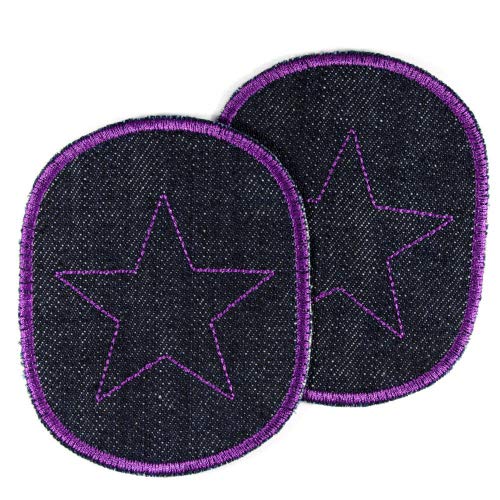 Knieflicken Sterne 2 Flicken zum aufbügeln mit Stern lila auf Bio Jeans dunkelblau 2 Hosenflicken 10 x 8cm Aufbügler violet von Wertstueck Flickli