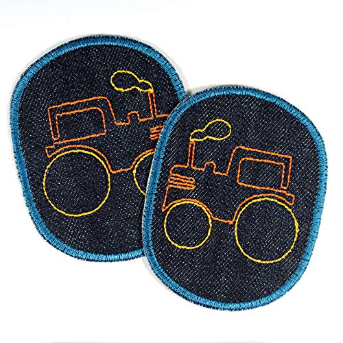 Knieflicken Traktor Jeans Flicken 10 x 8 cm Buegelflicken 2 Aufbügler für Jungs Bügelbilder bunt auf blau Hosenflicken zum aufbügeln Applikationen für Kinder patches, als Aufnäher verwendbar von Wertstueck Flickli