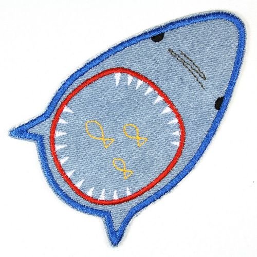 patches Hai Bügelflicken 8,9 x 9,3 cm scharfe Zähne hellblau Flicken zum aufbügeln Bügelbild Accessoires Kniefliciken und Hosenflicken für Kinder von Wertstueck Flickli