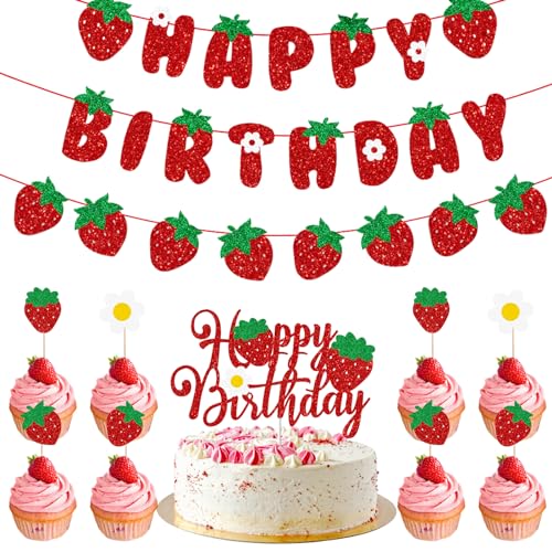 Erdbeere Geburtstag Party Dekorationen Set - Glitzer Rot Happy Birthday Banner Wimpelkette Girlande Kuchen Topper für Baby Shower Kinder Geburtstag Party Supplies von Werwing