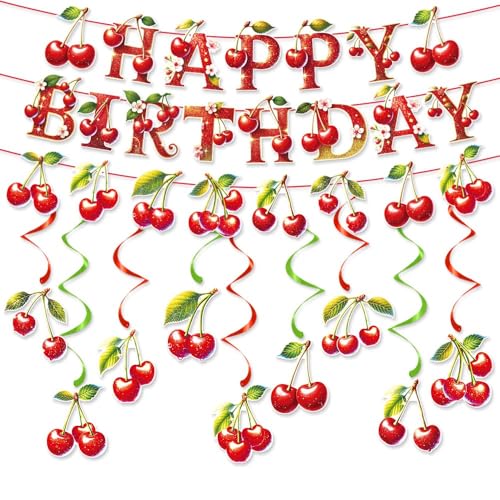 Komplettes Kirsch-Themenparty-Dekorationsset mit "Happy Birthday"-Bannern und Hängespiralen – ideal für Prinzessinnen-Geburtstagsfeiern von Werwing