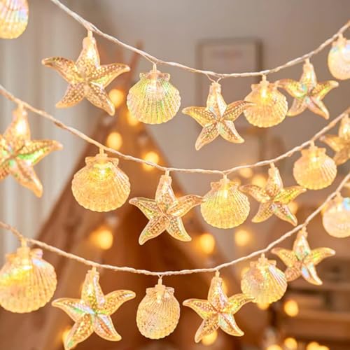 Ozean-Lichterkette, 20 Muschel- und Seesternlichter auf 3 m langem Batteriedraht, Funkel-Modus für Strand-Themen-Schlafzimmer, Party, Gartendekoration Ozean-Lichterkette, 20 Muschel- und Seesternlichter auf 3 m langem Batteriedraht, Funkel-Modus für Strand-Themen-Schlafzimmer, Party, Gartendekoration von Werwing