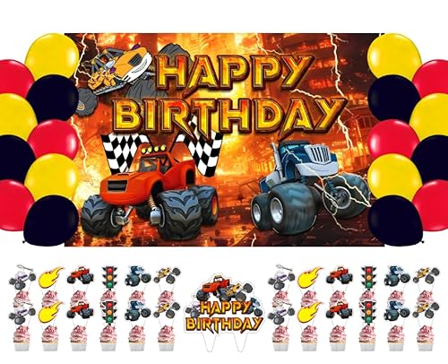 Blaze Monster Truck Geburtstagsparty-Zubehör, Monsterauto-Party-Dekorationen inklusive Hintergrund, Luftballons, Kuchenaufsätze, Cupcake-Topper für Cartoon-Auto-Geburtstagsparty-Dekorationen Blaze Monster Truck Geburtstagsparty-Zubehör, Monsterauto-Party-Dekorationen inklusive Hintergrund, Luftballons, Kuchenaufsätze, Cupcake-Topper für Cartoon-Auto-Geburtstagsparty-Dekorationen von Wesapor