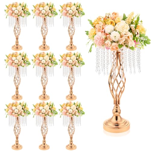 Wesiti 10 Stück Kristall-Blumenständer, elegant, Metall-Blumenarrangement-Ständer mit Kronleuchter-Kristallen, 45 cm hoch, Goldvase für Tafelaufsätze, Hochzeit, Empfang, Hotel, Gastgeschenk von Wesiti