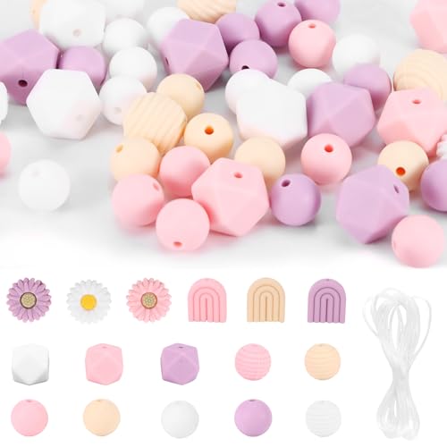 100 Gänseblümchen-Silikonperlen-Set, Runde lose Silikonperlen, Bastelperlen mit Nylonschnur, Geeignet für selbstgemachte Schlüsselanhänger und Armbänder (4 Farben) von Weskjer