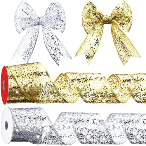 Wesnoy 2 Rollen 6,3 cm x 9,1 m Halloween-Glitzer-Drahtband mit glitzernden Metallic-Pailletten, Drahtband zum Basteln, Weihnachtsbaumschleifen, Geschenkverpackung, Kranz, Feiertagsdekoration, Girlande von Wesnoy