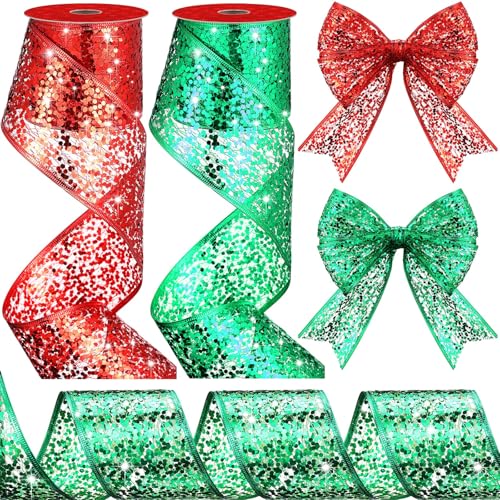 Wesnoy 2 Rollen 6,3 cm x 9,1 m Halloween-Glitzer-Drahtband mit glitzernden metallischen Pailletten, Drahtband für Basteln, Weihnachtsbaumschleifen, Geschenkverpackung, Kranz, Feiertagsdekoration von Wesnoy