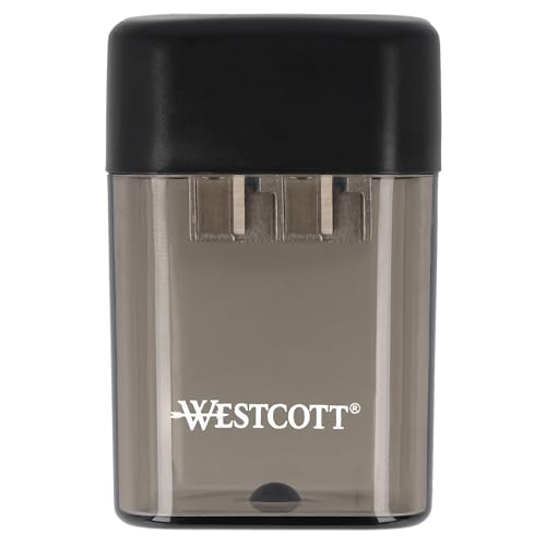 Westcott Anspitzer mit Behälter | Doppel-Spitzer mit Dose für 8mm & 11mm Bleistifte | Dosenspitzer mit Metalleinsatz | Bleistiftspitzer mit Auffangbehälter in Schwarz | E-744744 00 von Westcott