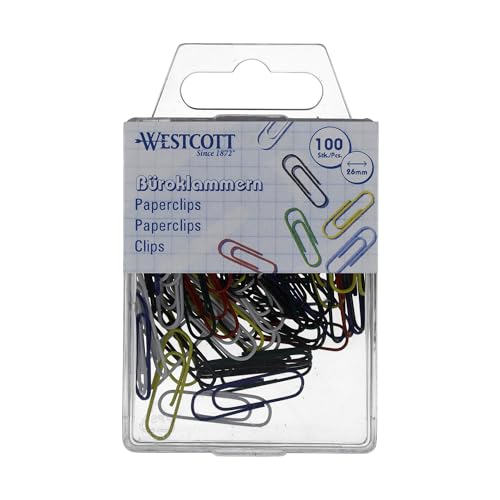 Westcott Büroklammern Bunt 100 Stück | Vorratspack Papierklammern 26mm | Praktische Kunststoffbox | Aktenklammern für Büro und Haushalt | E-10641 00 von Westcott
