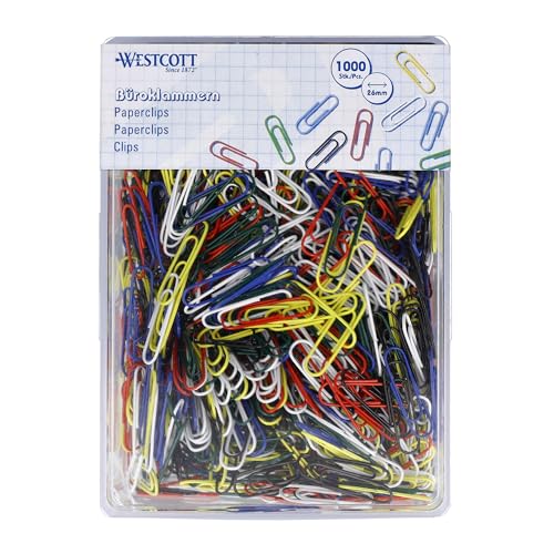 Westcott Büroklammern Bunt 1000 Stück | Vorratspack Papierklammern 26mm | Praktische Kunststoffbox | Aktenklammern für Büro und Haushalt | E-10642 00 von Westcott