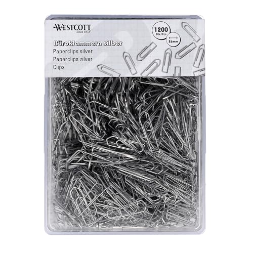 Westcott Büroklammern Silber 1200 Stück | Vorratspack Papierklammern 26mm | Praktische Kunststoffbox | Verzinkt | Aktenklammern für Büro und Haushalt | E-10643 00 von Westcott