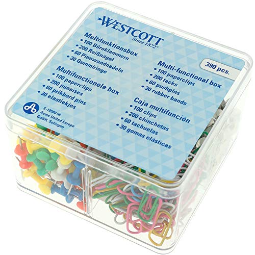 Westcott Multifunktionsbox, Bürobox, 390 Teile, Büroklammer, Reißnägel, Pinnwandnadeln, Gummiringe, bunt, transparent, E-10580 00 von Westcott