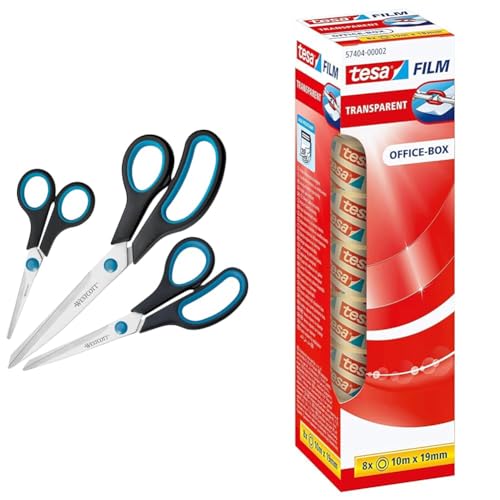 Westcott N-90027 00 Easy Grip Scheren Set, 3 Stück, 13,8cm + 20,1cm + 24,8 cm, schwarz-blau & tesafilm transparent - Transparentes Klebeband von Westcott