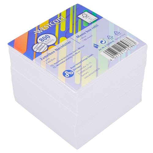 Westcott Notizzettel weiß 800 Blatt Nachfüllpack | Notizblock mit 9 x 9 cm großen Blättern in weiß | Nachfüllset für Spenderbox | FSC-zertifiziertes Papier 80g/m² | E-733199 00 von Westcott