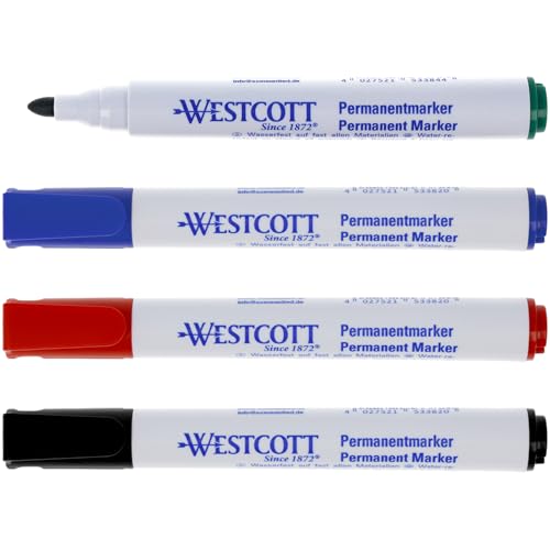 Westcott Permanent Marker Schwarz, Rot, Blau, Grün | 4er Set wasserfeste Marker Stifte | 1,5-3,0 mm Rundspitze | Nachfüllbar, lichtbeständig, schnell trocknend, wischfest | E-713009 00 Westcott Permanent Marker Schwarz, Rot, Blau, Grün | 4er Set wasserfeste Marker Stifte | 1,5-3,0 mm Rundspitze | Nachfüllbar, lichtbeständig, schnell trocknend, wischfest | E-713009 00 von Westcott