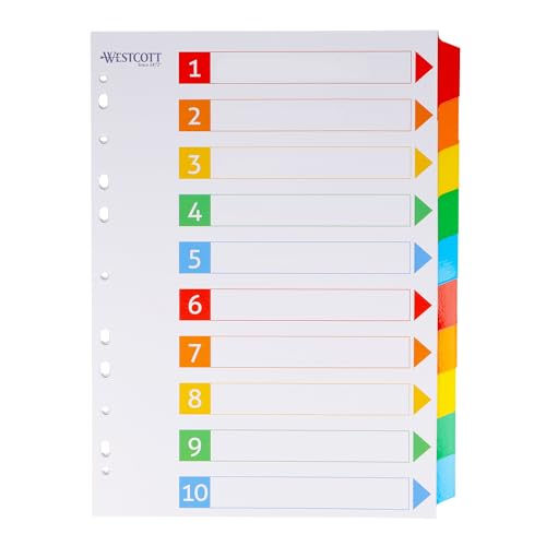 Westcott Register für Ordner A4 | Trennblätter für Din A4 Ordner | 10 beschriftbare Tabs in 5 Farben als Ordner Organizer | Robuste 160g/m² mit Eurolochung | E-1733311 00 Westcott Register für Ordner A4 | Trennblätter für Din A4 Ordner | 10 beschriftbare Tabs in 5 Farben als Ordner Organizer | Robuste 160g/m² mit Eurolochung | E-1733311 00 von Westcott