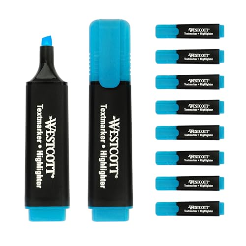 Westcott Textmarker 10 Stück blau | 10er Pack Highlighter Marker in leuchtendem Blau | 2-5 mm Strichstärke | Premium Tinte aus Deutschland | E-743631 00 von Westcott