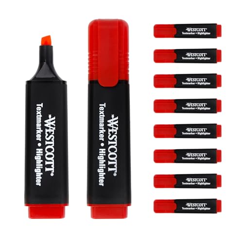 Westcott Textmarker 10 Stück rot | 10er Pack Highlighter Marker in leuchtendem Rot | 2-5 mm Strichstärke | Premium Tinte aus Deutschland | E-743648 00 von Westcott