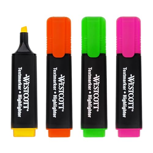 Westcott Textmarker 4 Stück in Grün, Gelb, Orange, Pink | 4er Pack Highlighter Marker in leuchtenden Farben | 2-5 mm Strichstärke | Premium Tinte aus Deutschland | E-744249 00 von Westcott