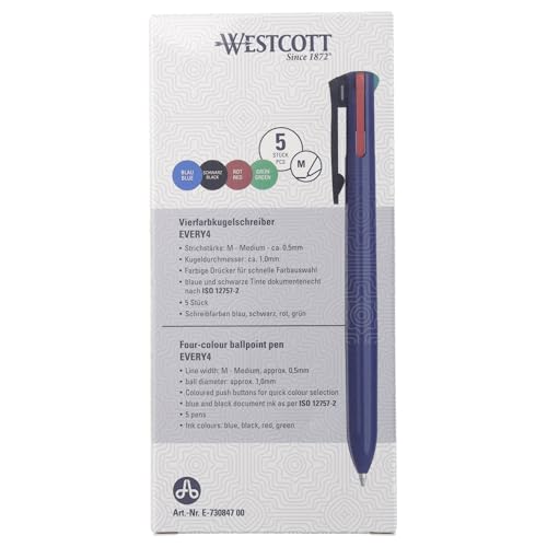 Westcott Vierfarbkugelschreiber EVERY4 5 Stück | 4 Farben Kugelschreiber Blau, Schwarz, Rot, Grün | Mehrfarbiger Kugelschreiber Dokumentenecht nach ISO 12757-2 | E-730847 00 von Westcott