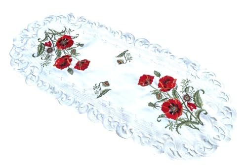 Tischdecke Roter Klatschmohn Stickerei Tischläufer Oval Polyester Creme weiß (40x90 cm) von Westernlifestyle