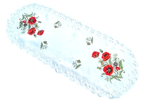 Tischdecke Roter Klatschmohn Stickerei Tischläufer Oval Polyester Creme weiß (45x110 cm) von Westernlifestyle
