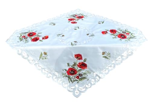 Tischdecke Roter Klatschmohn Stickerei Tischläufer Oval Polyester Creme weiß (85x85 cm) von Westernlifestyle