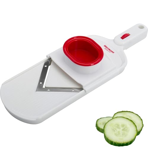 Westmark Gemüseschneider mit verstellbarer Schnittstärke, V-förmige Edelstahlklinge, mit Restehalter, V-Hobel, Weiß/Rot, 11472260 Westmark Gemüseschneider mit verstellbarer Schnittstärke, V-förmige Edelstahlklinge, mit Restehalter, V-Hobel, Weiß/Rot, 11472260 von Westmark