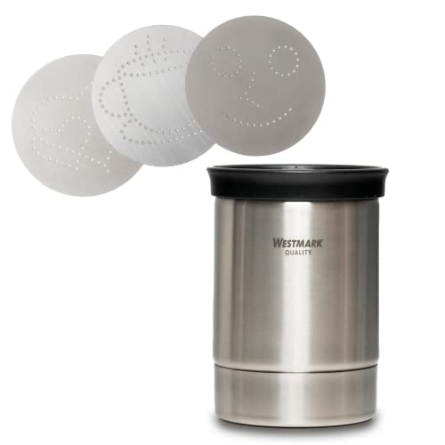 Westmark Kakaostreuer für Cappuccino & Co - Dekorierstreuer aus Edelstahl mit 4 Cappuccino Schablonen - 250 ml Füllvolumen - Einfacher Motivwechsel (silber) von Westmark