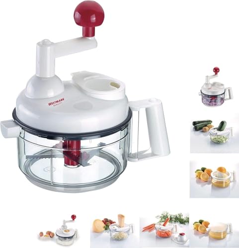 Westmark Manuelle Küchenmaschine, 9 in 1: Hobel, Reibe, Raspel, Schneider, Zitruspresse, Schaumschläger, Eidottertrenner, inkl. 11 Zubehörteile, Rostfreier Edelstahl/Kunststoff, Weiß/Transparent/Rot Westmark Manuelle Küchenmaschine, 9 in 1: Hobel, Reibe, Raspel, Schneider, Zitruspresse, Schaumschläger, Eidottertrenner, inkl. 11 Zubehörteile, Rostfreier Edelstahl/Kunststoff, Weiß/Transparent/Rot von Westmark