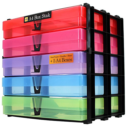 WestonBoxes A4 Box Stak, Stapelbare Aufbewahrungsbox-Einheit inklusive A4 Kunststoff-Aufbewahrungsboxen mit Deckel (Mehrfarbig, 1er Pack) von WestonBoxes
