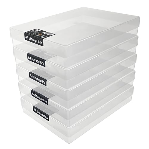 WestonBoxes Bastel-Aufbewahrungsboxen aus Kunststoff im A4-Format mit Deckel für Kunstbedarf, Papier und Karton – 5 Stück (Klar/Transparent) von WestonBoxes