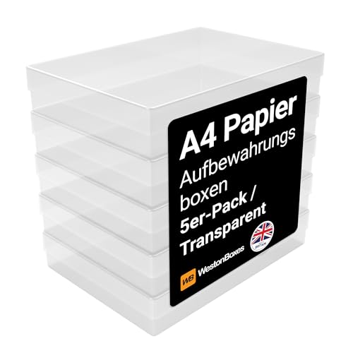 WestonBoxes A4 Transparente Kunststoff Aufbewahrungsboxen mit Deckel für Bastelbedarf, Papier und Karte - 3,6 Liter Volumen (5er Pack) von WestonBoxes