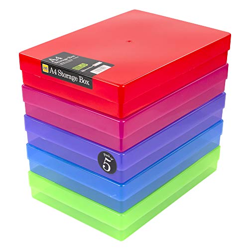 WestonBoxes Bastel-Aufbewahrungsboxen aus Kunststoff im A4-Format mit Deckel für Kunstbedarf, Papier und Karton – 5 Stück (Gemischte Farben/Transparent) von WestonBoxes