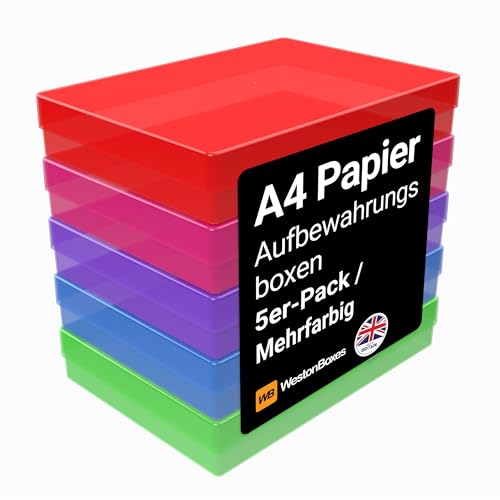 WestonBoxes A4 Bunte Transparente Kunststoff Aufbewahrungsboxen mit Deckel für Bastelbedarf, Papier und Karte (Mehrfarbig/Transparent, 5er Pack) von WestonBoxes