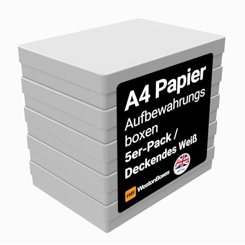 WestonBoxes Robuste A4 Blickdichte und Stoßfeste Aufbewahrungsboxen mit Deckel für Bastelbedarf, Papier und Karte - 3,6 Liter Volumen (Opak Weiß/5er Pack) von WestonBoxes