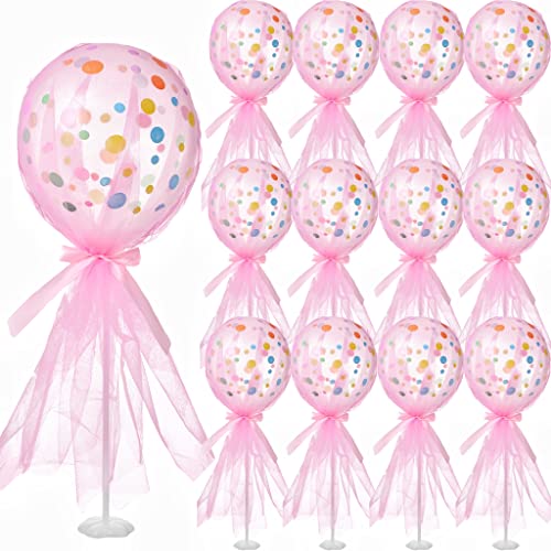 Wettarn 12 Set rosa gepunktete Luftballons Tafelaufsätze Tutu Tüll Luftballons mit Schleife Ballon Stick Halter Basis Kits für Babyparty Mädchen Geburtstag Party Hochzeit Tischdekoration Dekorationen von Wettarn