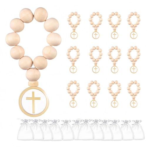 WexyHonMi 12 Sets Holz katholische Gebetskranz Perlen mit Organzasäckchen Holz Kreuz Anhänger für Taufe Erstkommunion Konfirmation Babyparty Brautdusche von WexyHonMi