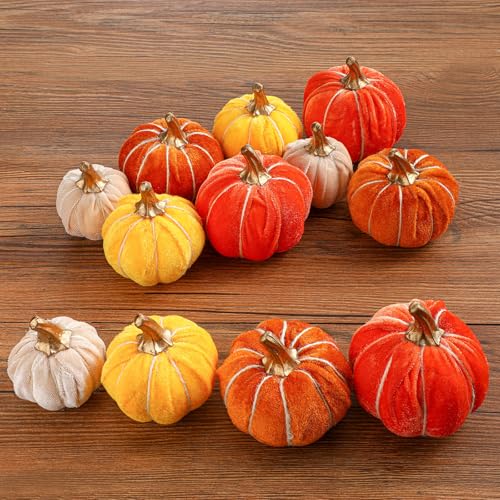 Weysat 12 Stück Herbst-Kürbis-Dekoration, künstlicher Kunstsamt, Kürbis, Tischdekoration, Dekoration für Herbst, Halloween, Erntedankfest, Dekoration (rustikal, größeres Set) von Weysat