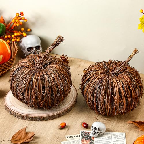 Weysat Künstliche Rattan-Kürbis-Dekorationen für Tischdekoration, Dekoration für Halloween, Herbst, Ernte, Erntedankfest, Bauernhaus, Heimdekoration, 2 Stück von Weysat