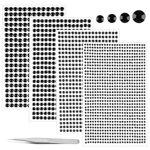 Glitzersteine Selbstklebend,1900 Stück Strasssteine Selbstklebend,3/4/5/6mm Runde Schmucksteine zum Aufkleben Pinzette für Kinder Handwerke,Fotorahmen,Grußkarten (Black) von Weysoo