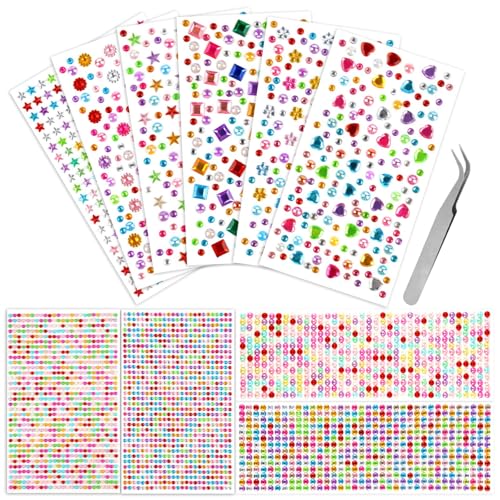 Glitzersteine Selbstklebend, 3700 Stück Bunt Strasssteine Selbstklebend, Acryl Glitzersteine zum Basteln, Verschiedene Formen Glitzer Sticker mit Pinzette für DIY Handwerke Deko von Weysoo