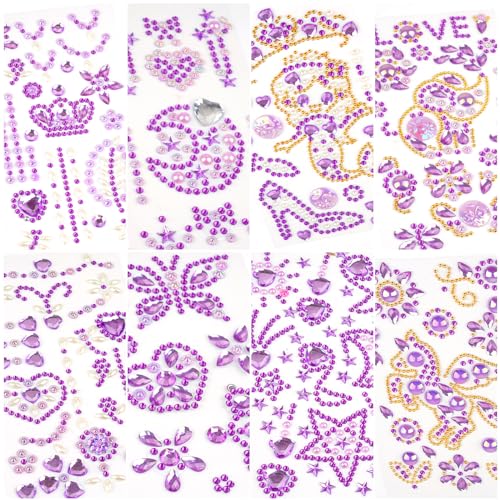 Glitzersteine Selbstklebend, 8 Blätter Strasssteine Selbstklebend, Acryl Bunt Sticker Glitzer, Einhorn Geschenke Mädchen Geschenke 5 6 7 8 9 Jahre für DIY Trinkflasche Baseballkappe (Violett) von Weysoo