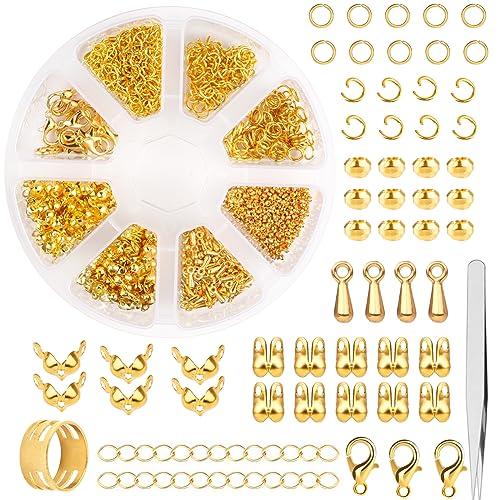Weysoo Kettenverschluss, 1030 Stück Armband Verschluss Set, enthält Karabiner Verschluss, Biegeringe, Crimpenden, Positionierungsperlen und Verlängerungskette, Schmuck Verschlüsse- Gold von Weysoo