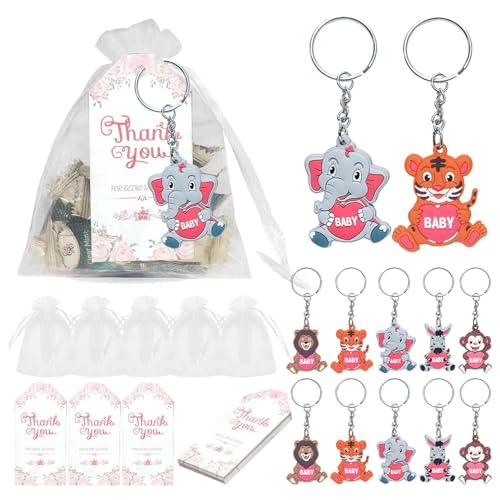 Wezalget Gastgeschenke für Babyparty, Kinderparty, Geschenk-Set für Babypartys, inklusive Tier-Schlüsselanhänger, Organza-Beutel und Dankeschön-Etiketten von Wezalget