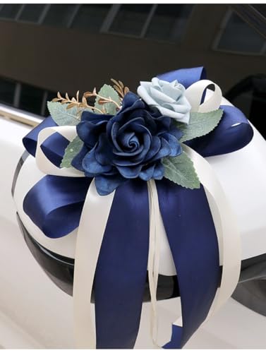 6 Stück Autoschleifen Hochzeit,Künstliche Blume Autoschmuck Deko Schleifen,Verschönert Hochzeitsauto Rückspiegel Türgriff Dekoration,Hochzeit Stuhl Zurück Dekoration für Party Hochzeit,Dunkelblau von Whakano